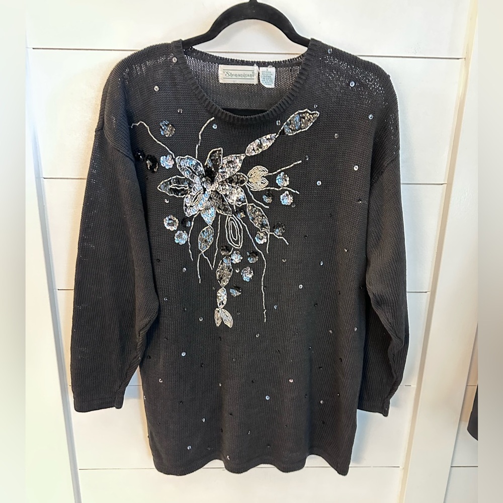 SHENANIGANS VTG S cotton-ramie beaded floral black old money crew neck sweater